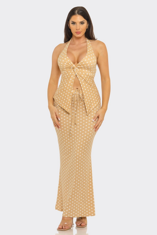 Polka Dots Front V- Neck Twist Halter Top And Skirt Set