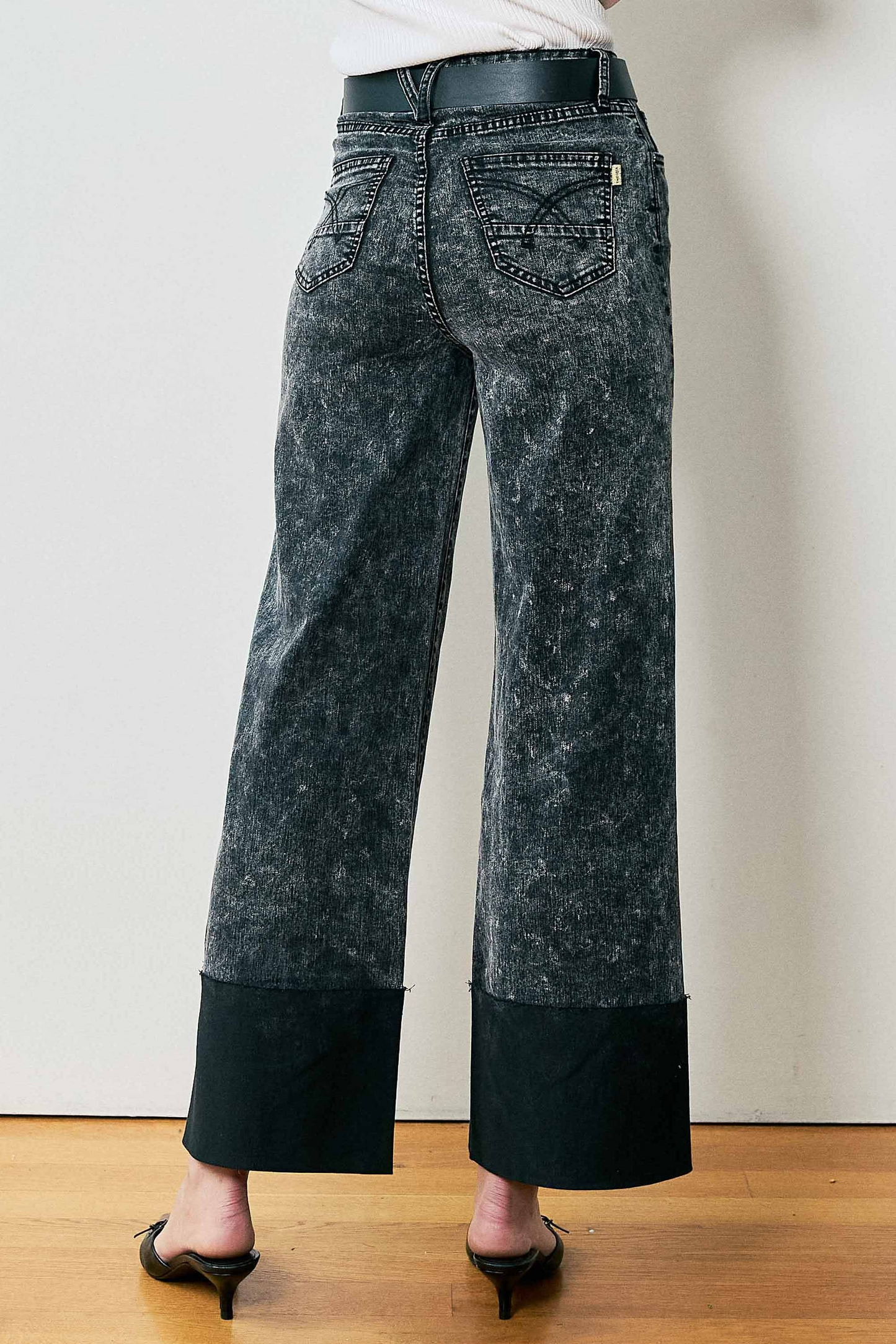 High-rise Stone Wash Cuff Fold Wide Leg Jeans