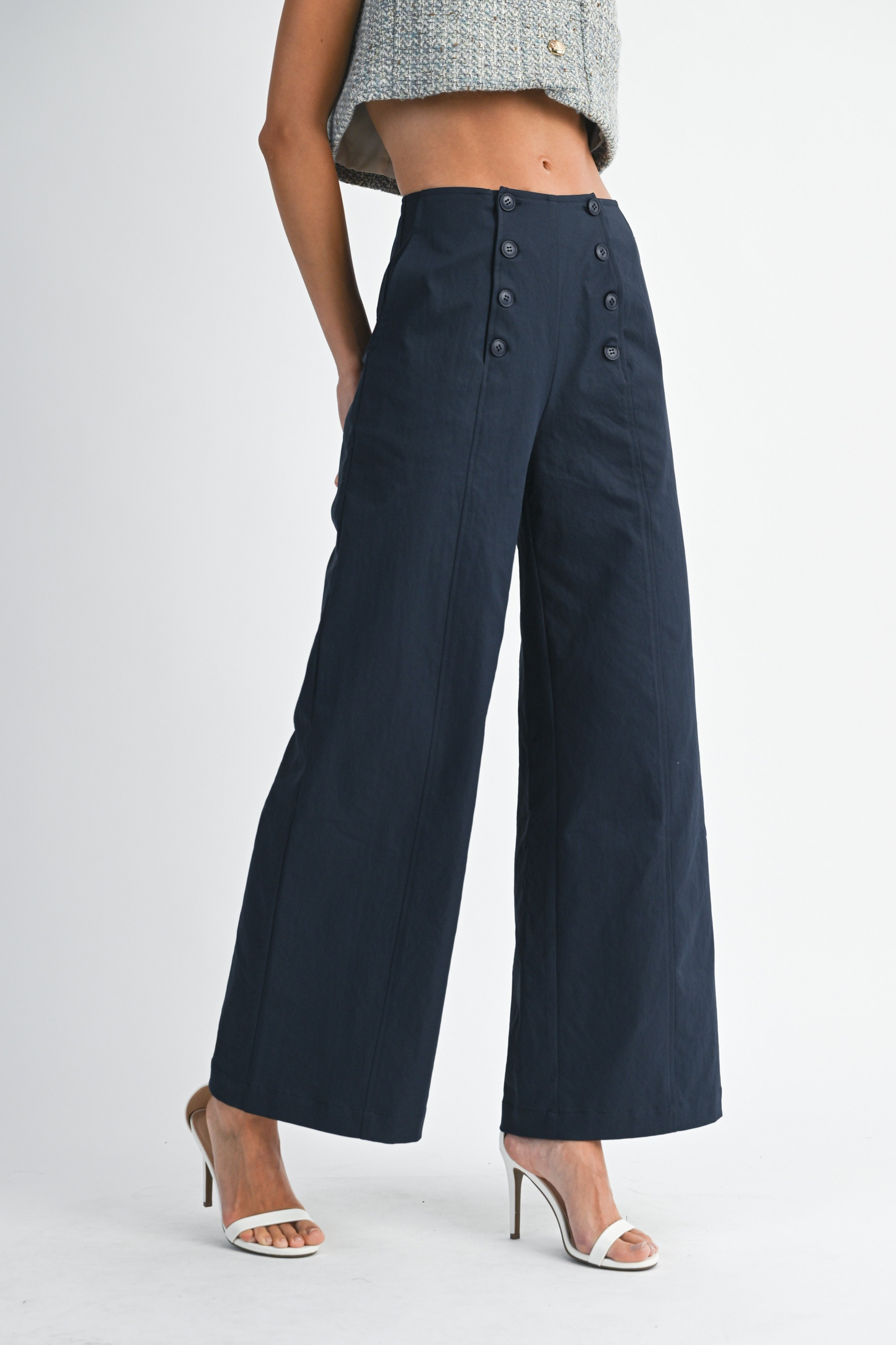 Front Button Detail Wide Leg Pants