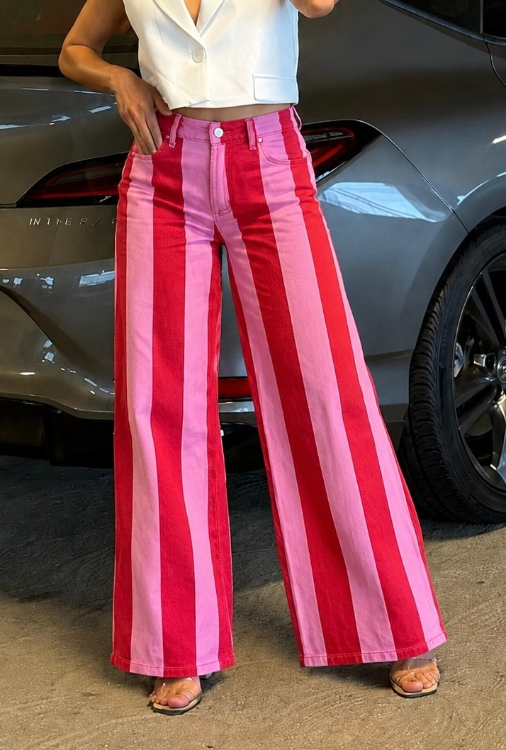 High Waisted Color Block Stripe Wide Leg Denim Jeans