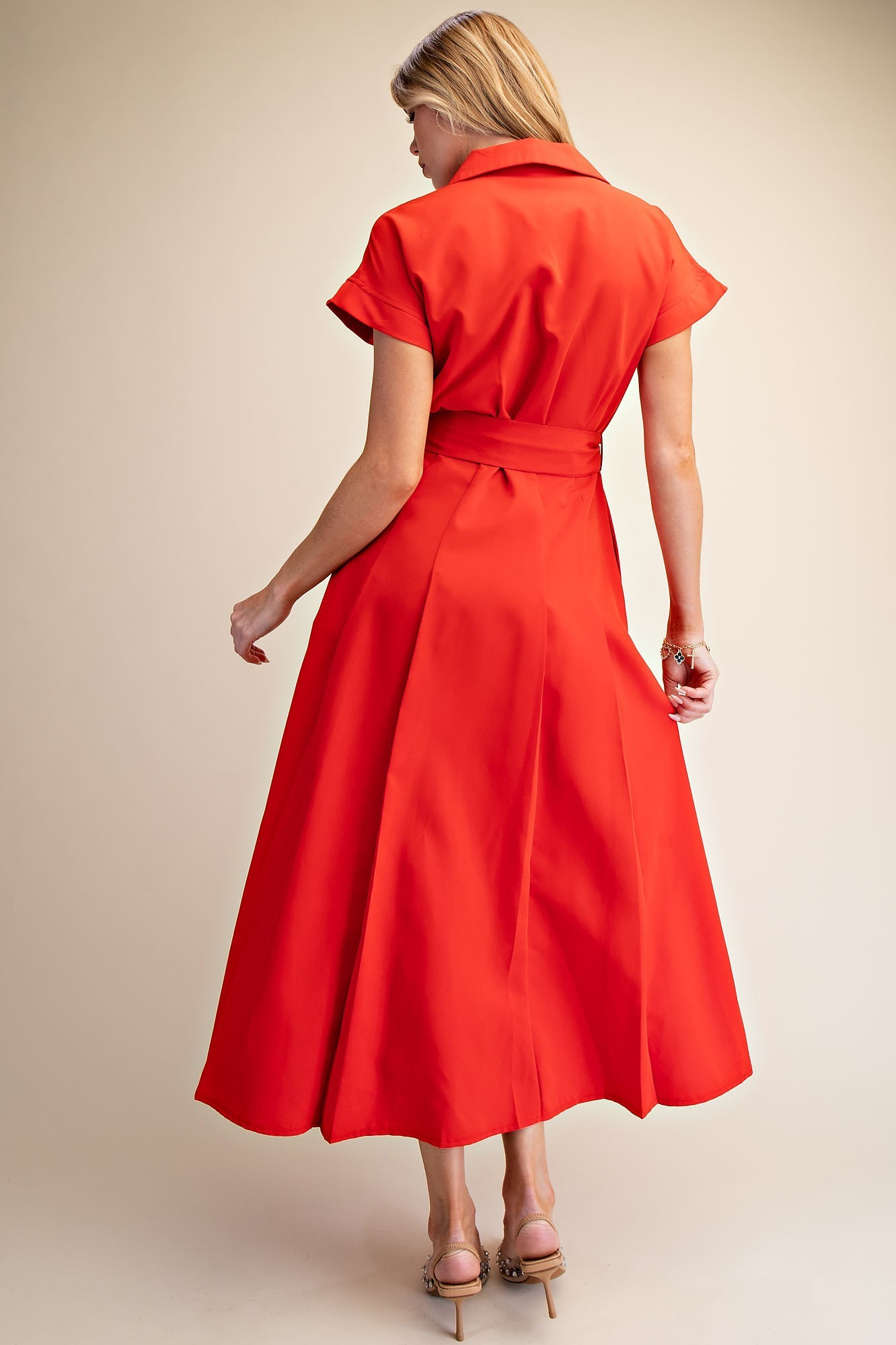 Waist Tie Belt Front Pocket Button Down Midi Dress