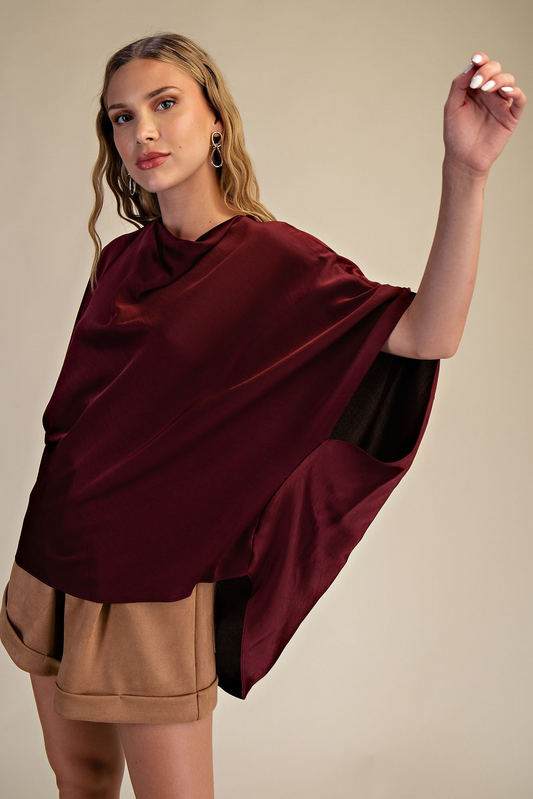 Cowl Neck Elbow Sleeve Satin Top