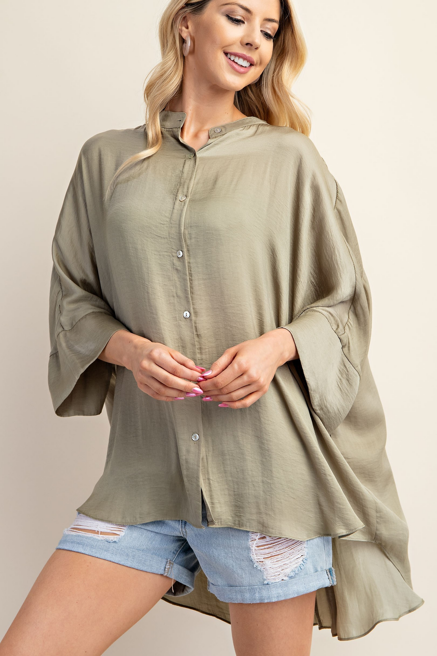 Washed Satin Button Down Loose Fit Top