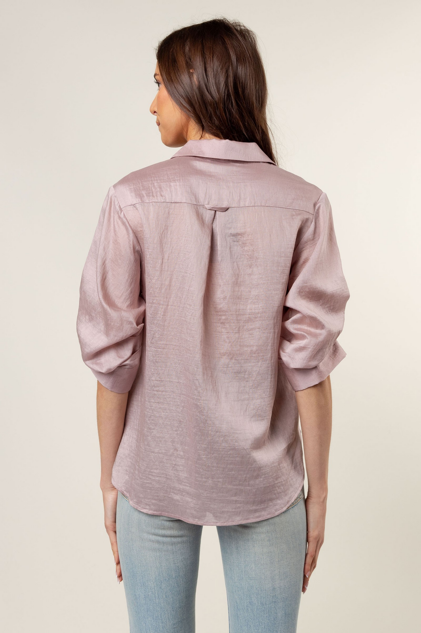 Pleated Short Sleeve Linen Button-up Blouse
