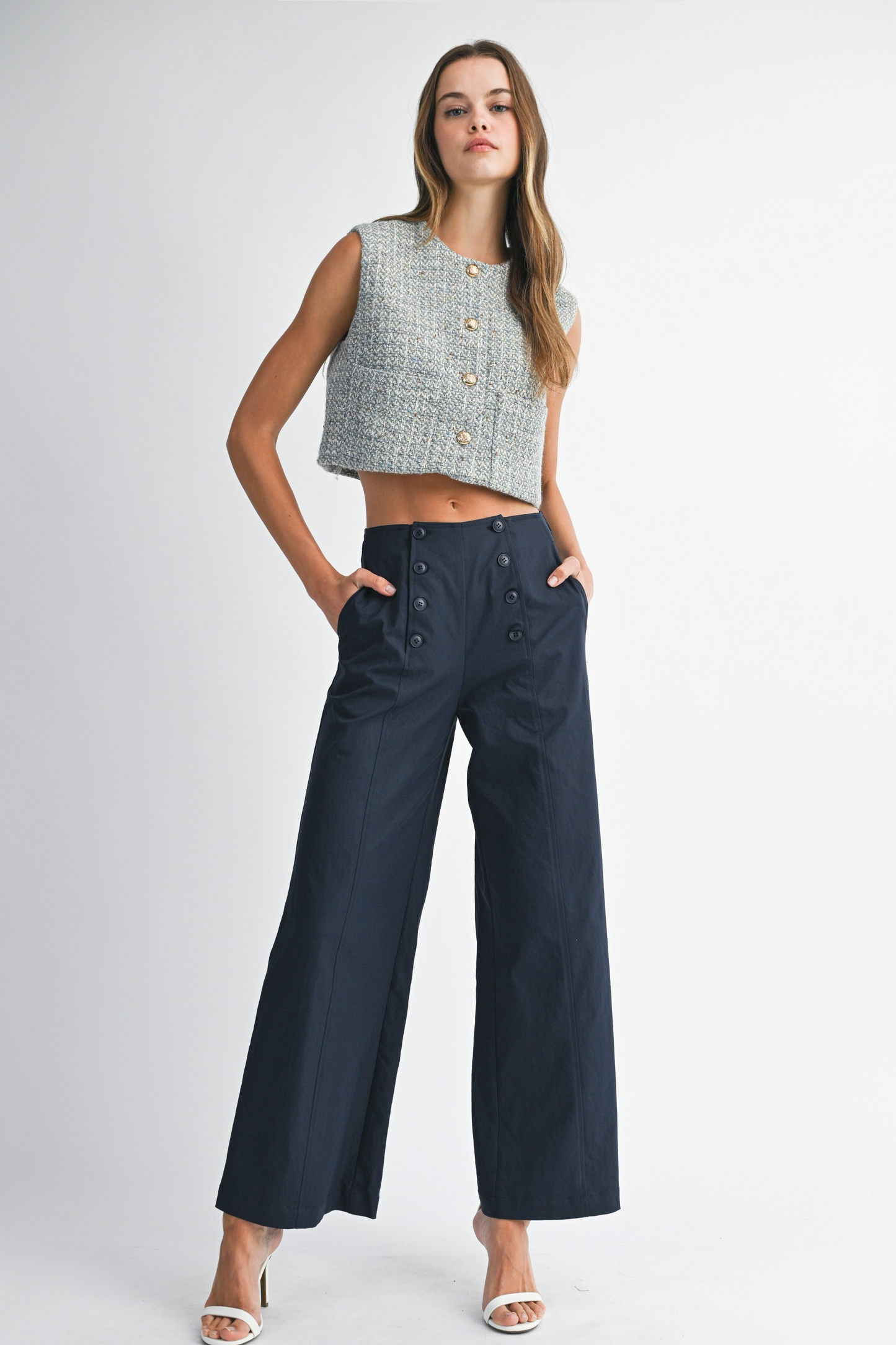 Front Button Detail Wide Leg Pants