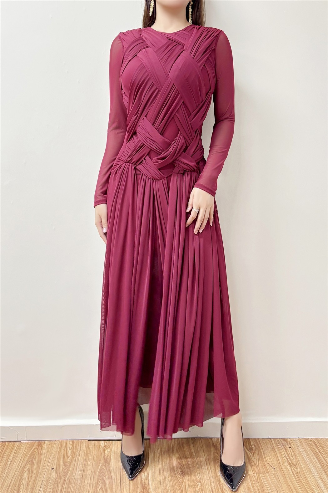 Pleated Crisscross Long Sleeve Dress